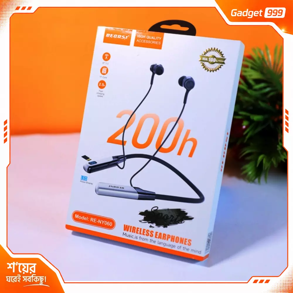Recrsi RE-NY060 Wireless Bluetooth Neckband Earphone 200 Hours Backup, Digital Display, Type-C Charging